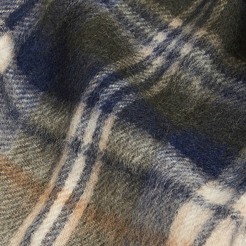 Barbour NEW CHECK Unisex Adults Tartan Scarf Sand Beige Plaid detail view showing fabric texture and checked pattern.