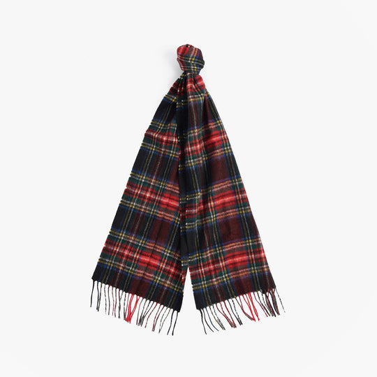 Barbour NEW CHECK Unisex Adults Tartan Scarf Black Stewart, front view, showcasing all-over checked pattern and tasselled hem.