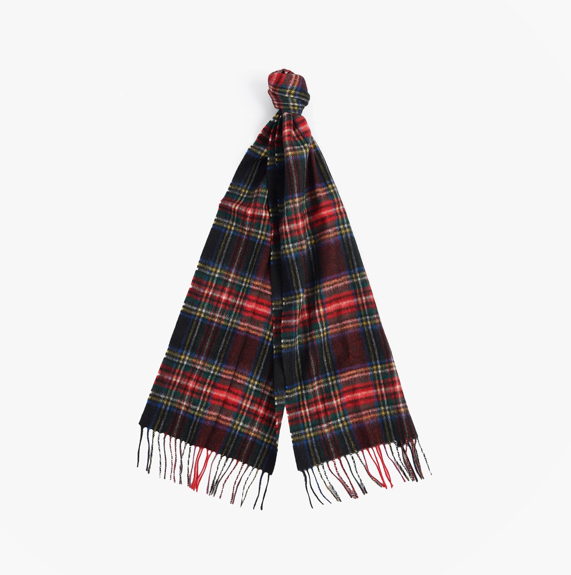Barbour NEW CHECK Unisex Adults Tartan Scarf Black Stewart, front view, showcasing all-over checked pattern and tasselled hem.