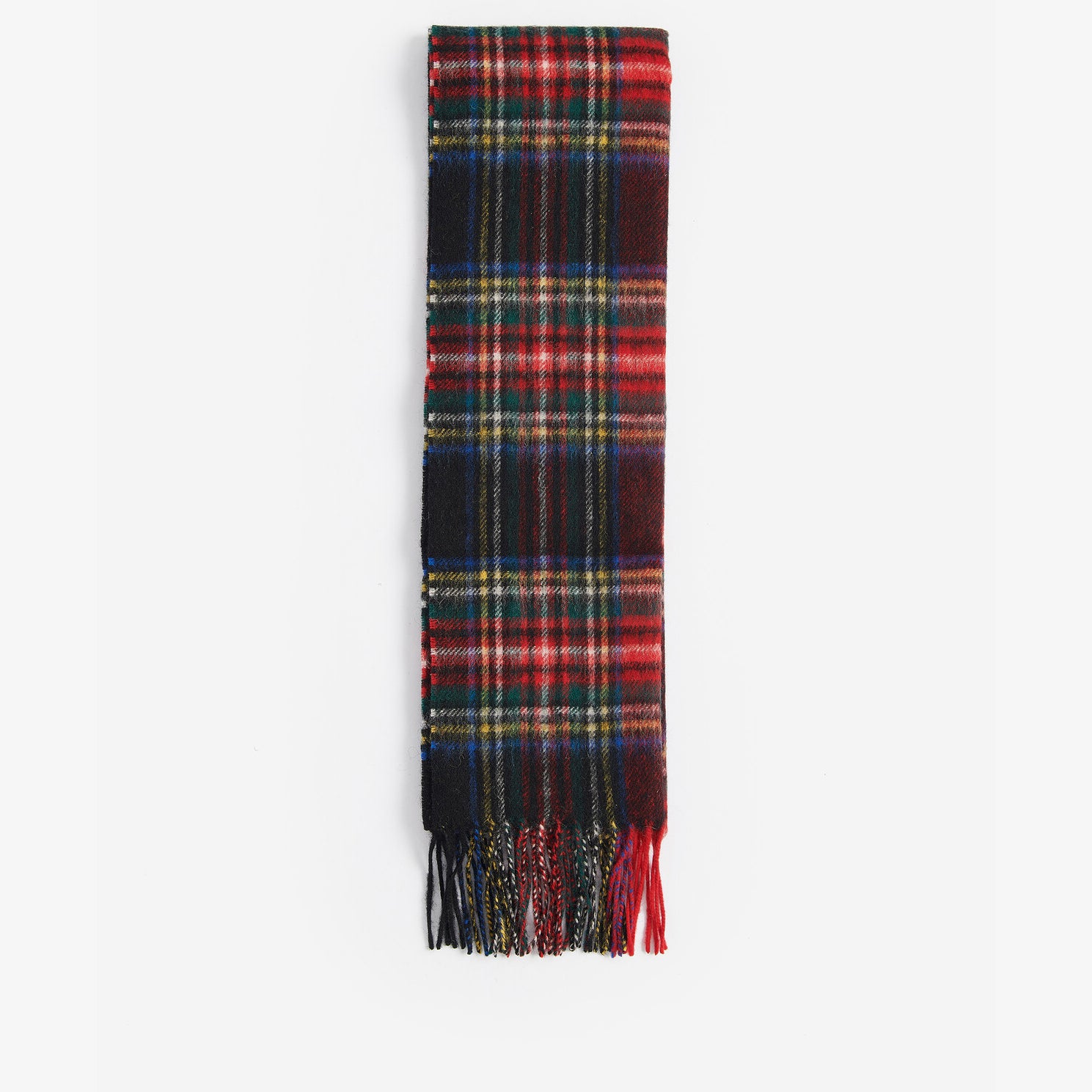 Barbour NEW CHECK Unisex Adults Tartan Scarf Black Stewart, front view, all-over checked pattern, tasselled hem.