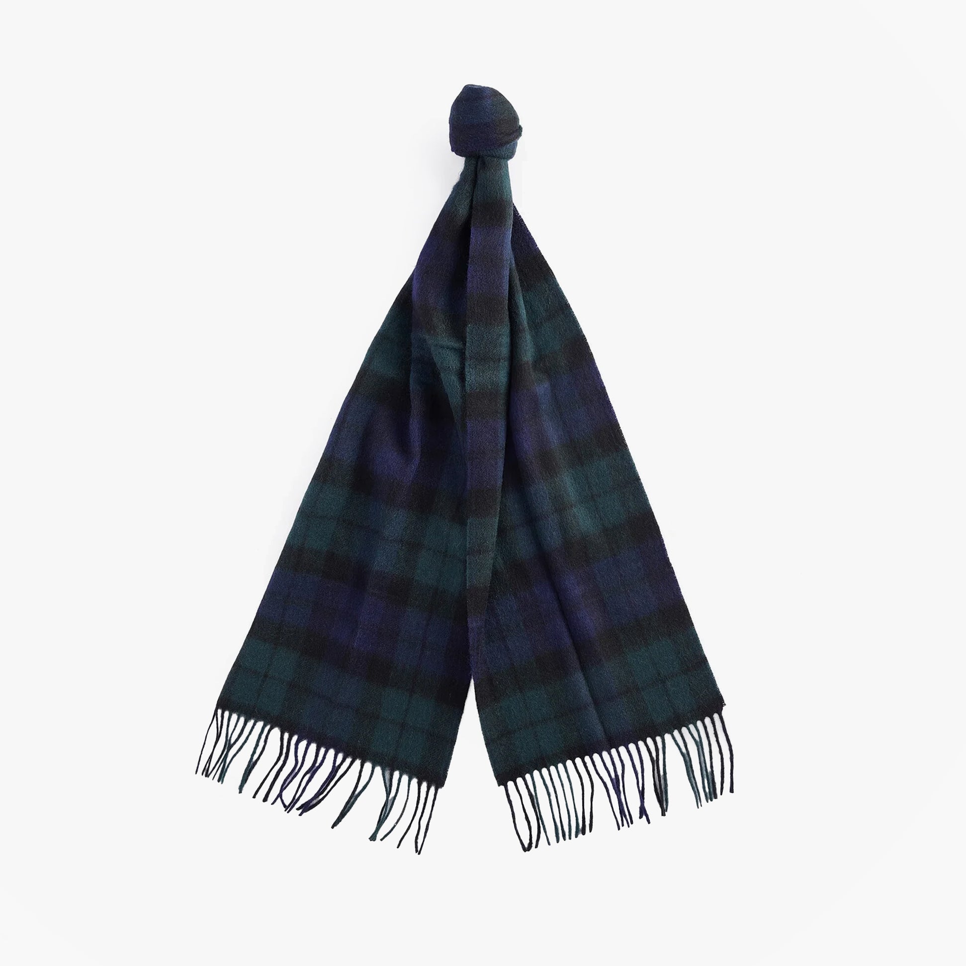Barbour NEW CHECK Unisex Adults Tartan Scarf Black Watch displayed flat, showcasing all-over checked pattern and tasselled hem.