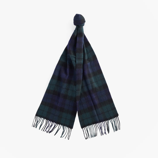 Barbour NEW CHECK Unisex Adults Tartan Scarf Black Watch displayed flat, showcasing all-over checked pattern and tasselled hem.