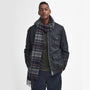 Barbour NEW CHECK Unisex Adults Tartan Scarf Navy/Dark Ginger displayed on a model in a front view, featuring an all-over checked pattern.