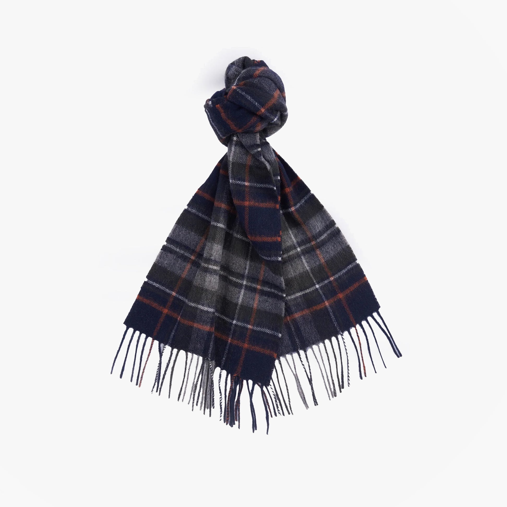 Barbour NEW CHECK Unisex Adults Tartan Scarf Navy/Dark Ginger tied display, showcasing all-over checked pattern and tasselled hem.