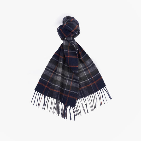 Barbour NEW CHECK Unisex Adults Tartan Scarf Navy/Dark Ginger tied display, showcasing all-over checked pattern and tasselled hem.