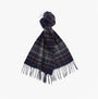 Barbour NEW CHECK Unisex Adults Tartan Scarf Navy/Dark Ginger tied display, showcasing all-over checked pattern and tasselled hem.