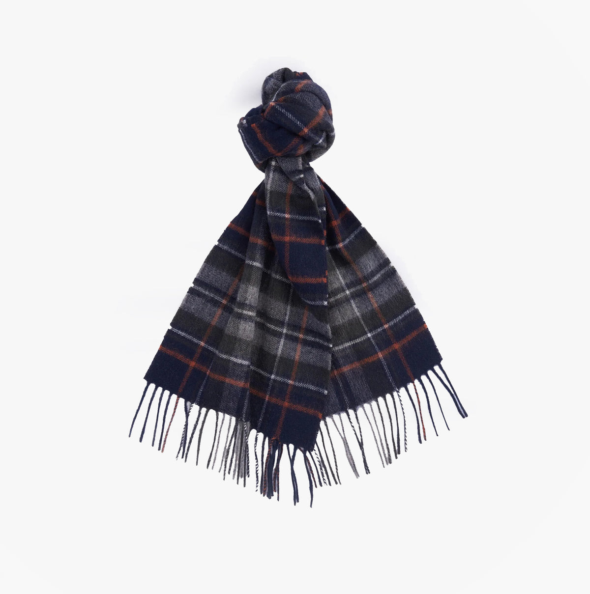 Barbour NEW CHECK Unisex Adults Tartan Scarf Navy/Dark Ginger tied display, showcasing all-over checked pattern and tasselled hem.