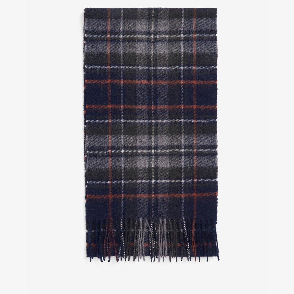 Barbour NEW CHECK Unisex Adults Tartan Scarf Navy/Dark Ginger front view with checked pattern and tasselled hem.
