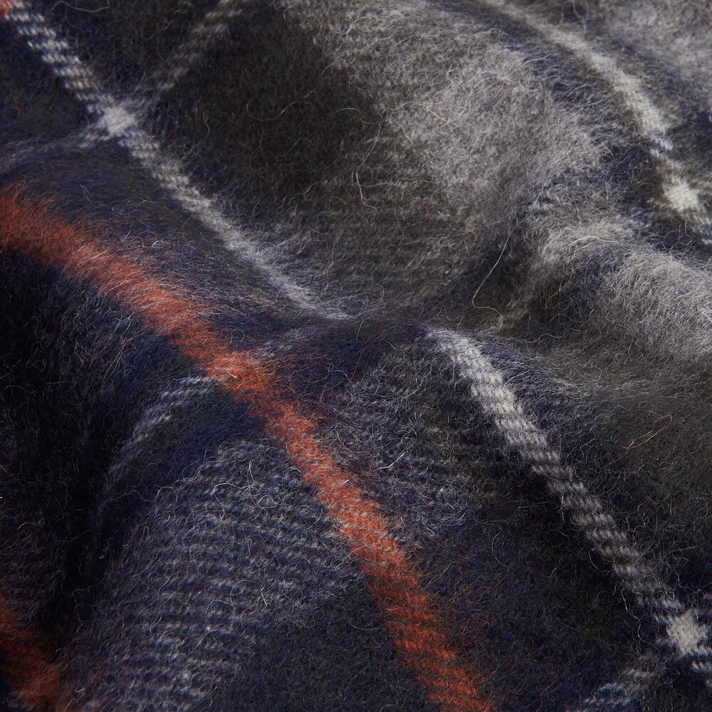 Detail view of Barbour NEW CHECK Unisex Adults Tartan Scarf Navy/Dark Ginger showcasing the checked pattern.