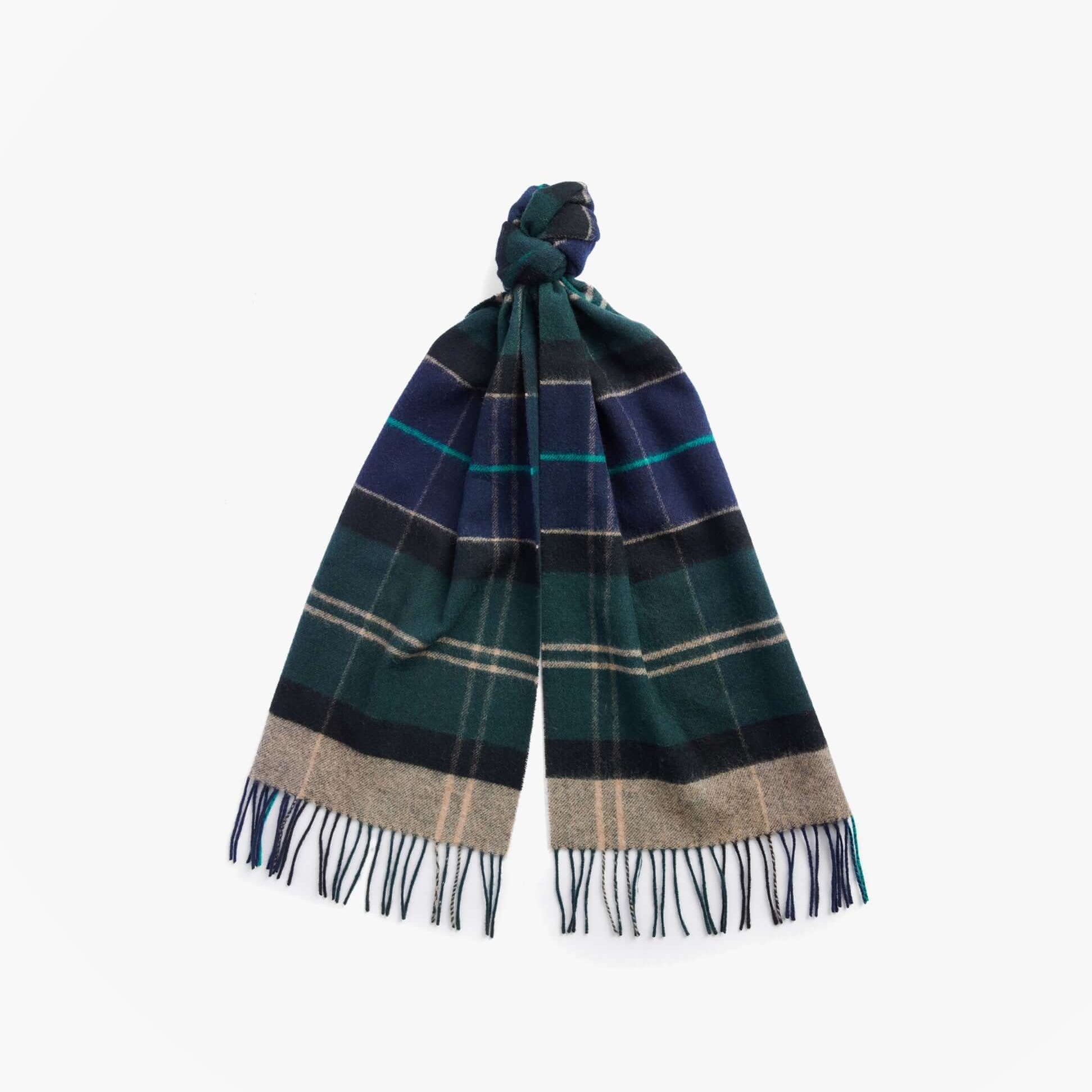 Barbour INVERNESS TARTAN Mens Scarf Green Loch front view, showcasing vibrant tartan design and soft lambswool fabric.