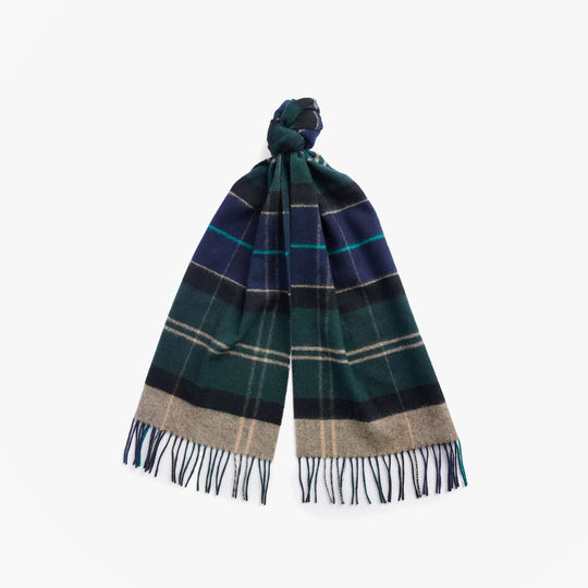 Barbour INVERNESS TARTAN Mens Scarf Green Loch front view, showcasing vibrant tartan design and soft lambswool fabric.