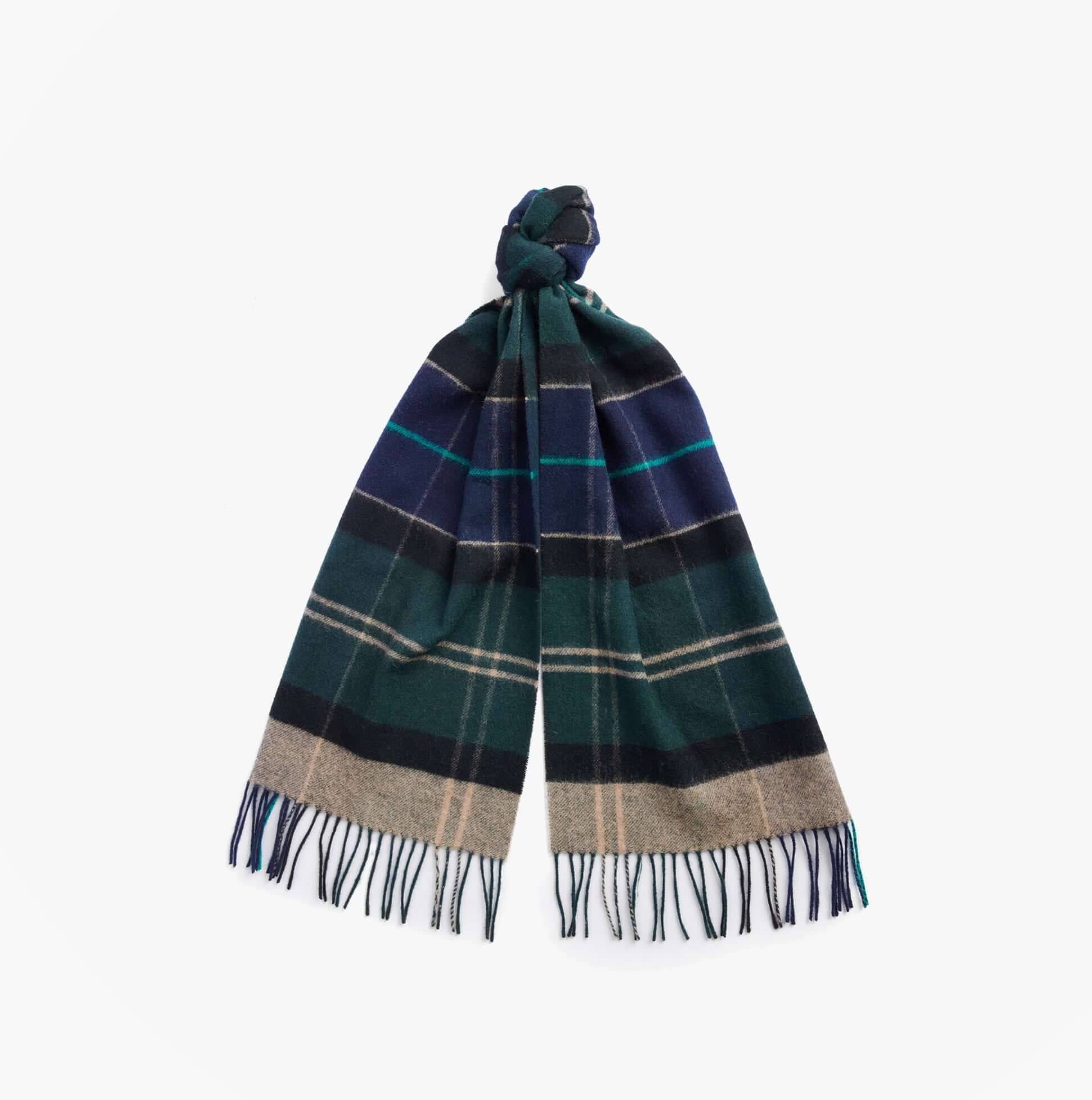 Barbour INVERNESS TARTAN Mens Scarf Green Loch front view, showcasing vibrant tartan design and soft lambswool fabric.