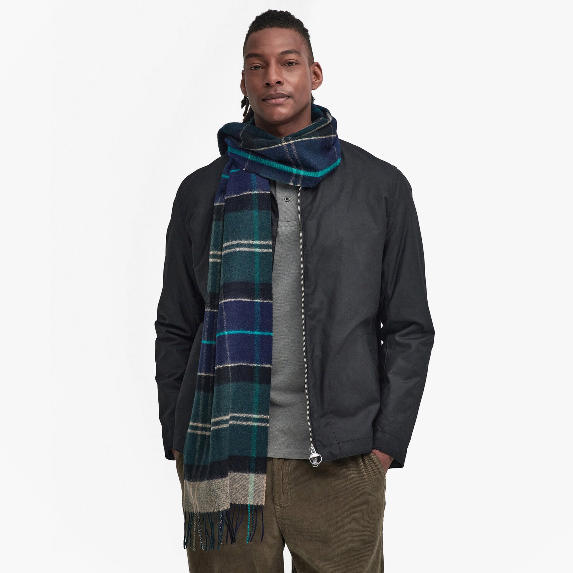 Barbour INVERNESS TARTAN Mens Scarf Green Loch front view model wearing scarf with black jacket and green shirt
