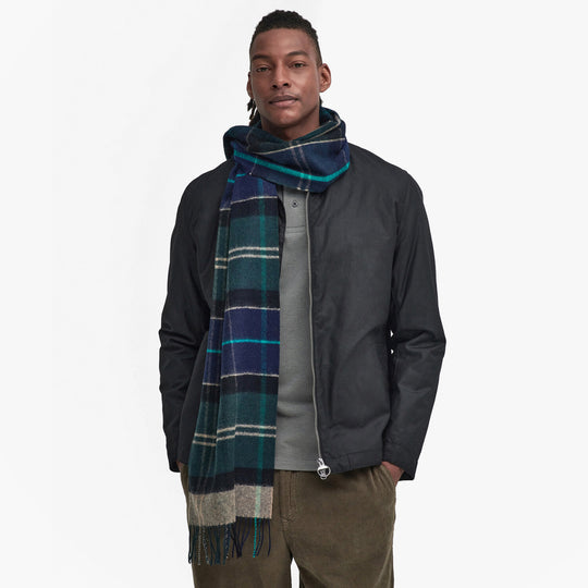 Barbour INVERNESS TARTAN Mens Scarf Green Loch front view model wearing scarf with black jacket and green shirt