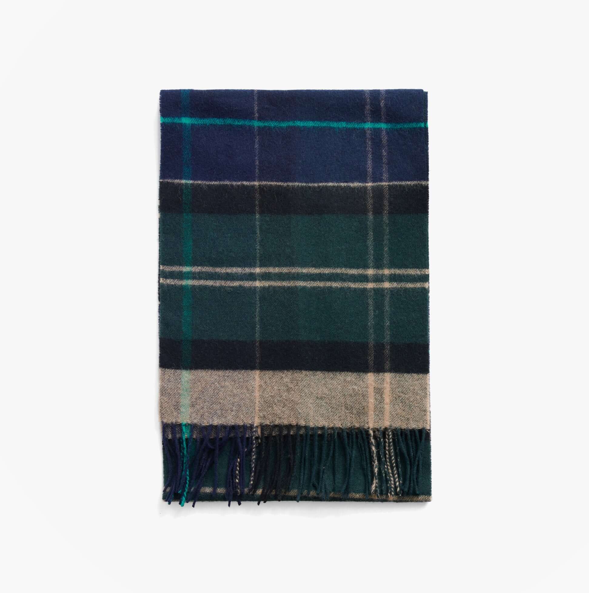 Barbour INVERNESS TARTAN Mens Scarf Green Loch front view showing the plaid pattern and fringed edges.