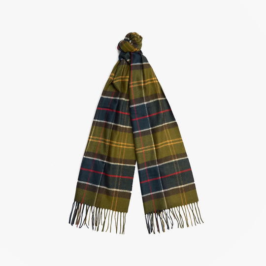 Barbour YAXLEY Unisex Adults Tartan Scarf Classic front view featuring a green and plaid design with fringed ends.