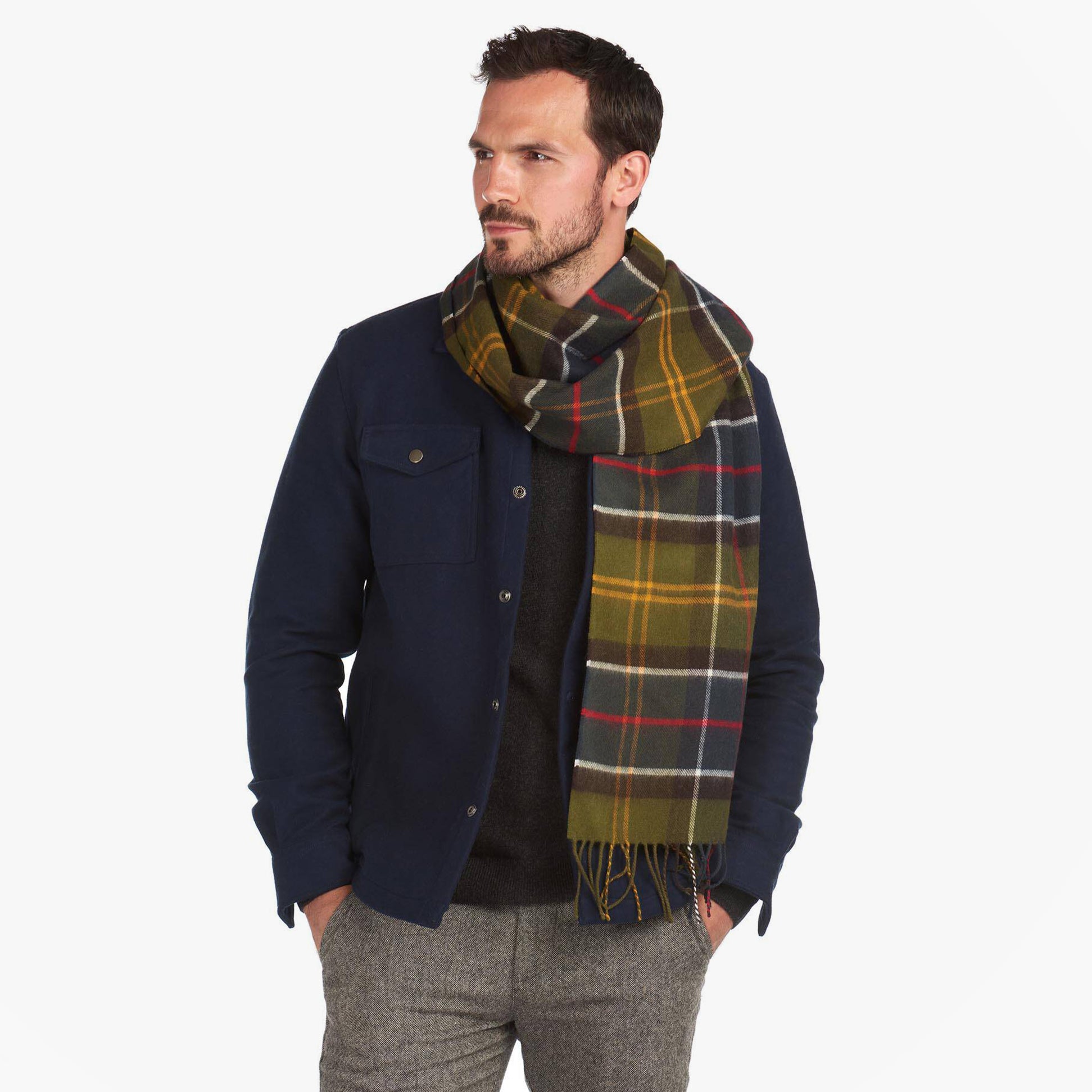 Barbour YAXLEY Unisex Adults Tartan Scarf Classic front view worn by a man, showcasing its soft wool blend and tartan design.