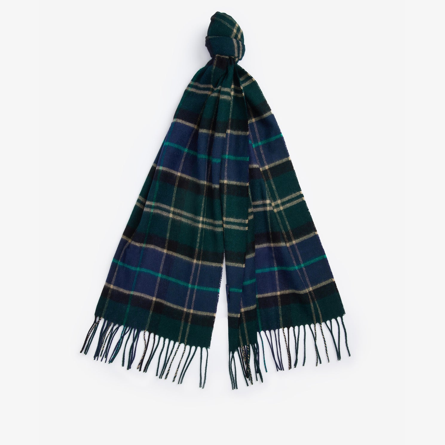 Barbour YAXLEY Unisex Adults Tartan Scarf Green Loch flat lay view showcasing soft wool blend and plaid design.