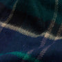 Barbour YAXLEY Unisex Adults Tartan Scarf Green Loch close-up detail view of soft fabric pattern in green and navy tartan.