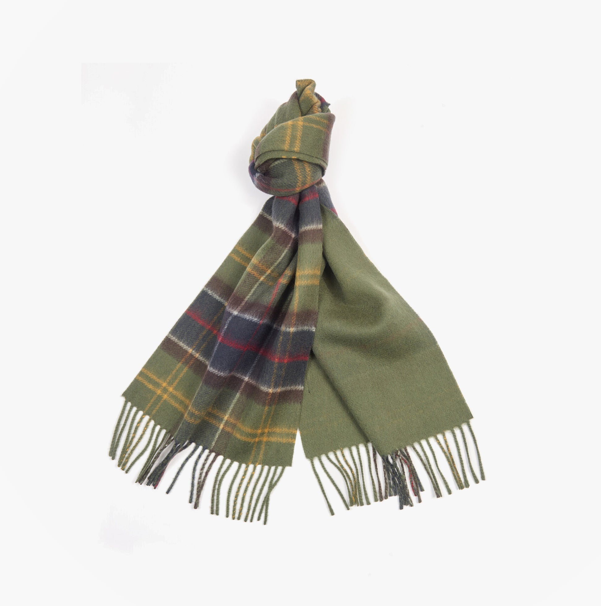 Barbour GALSTON TARTAN Mens Winter Classic scarf showcasing plaid design in green, brown, and red, front view.