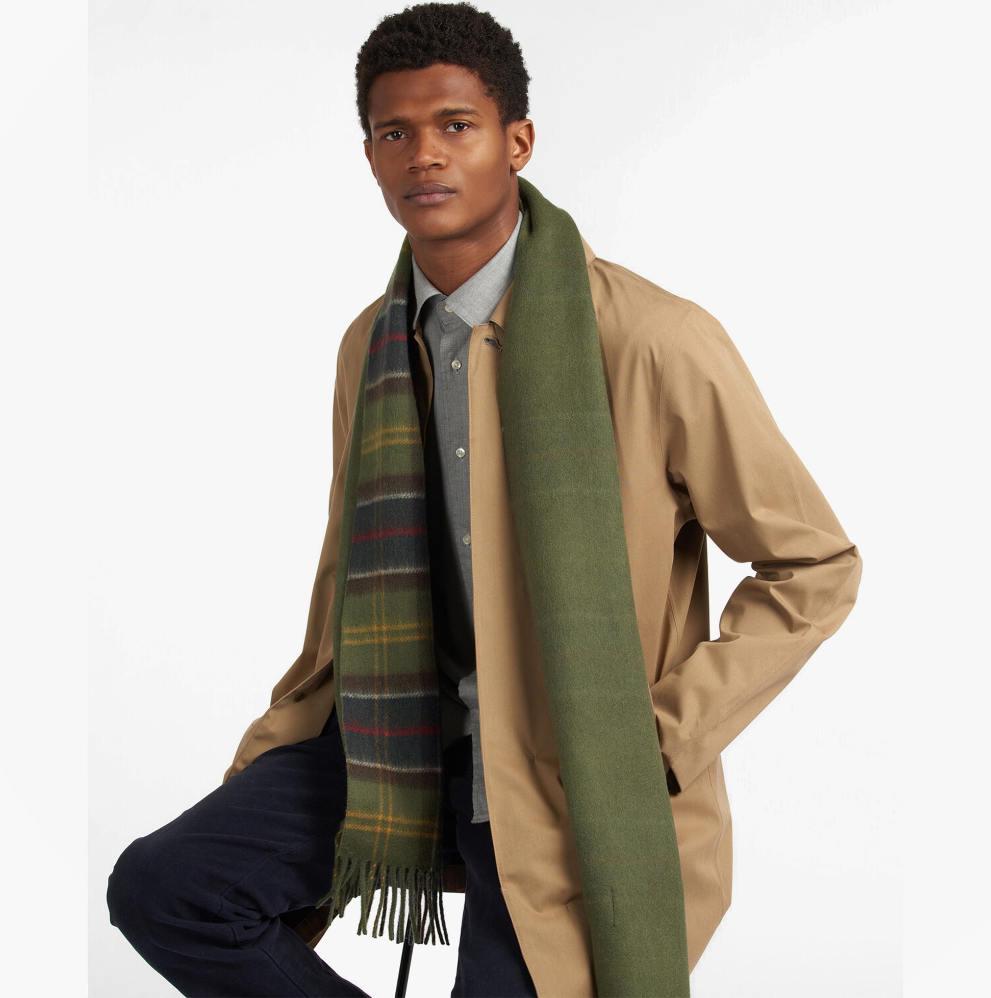 Barbour GALSTON TARTAN Mens Winter Classic green tartan scarf front view worn by model, stylish winter accessory.