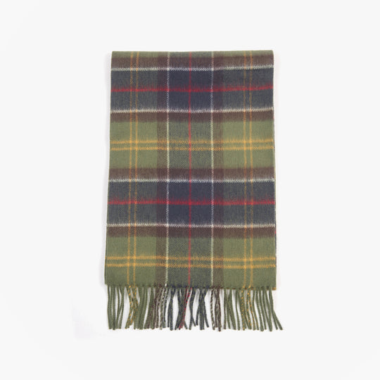 Barbour GALSTON TARTAN Mens Winter Classic front view wool scarf with green and plaid pattern.