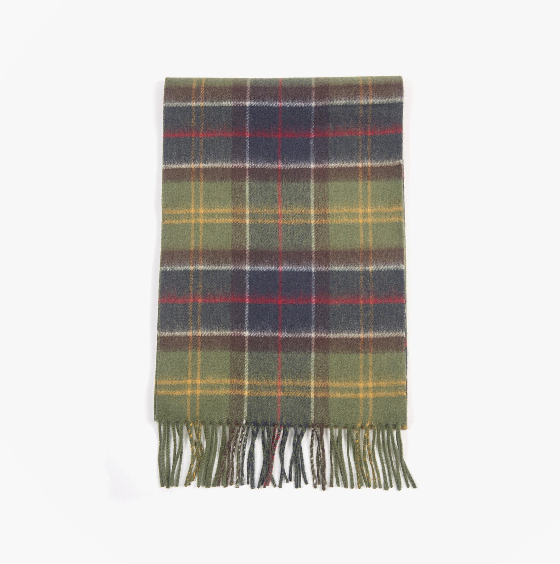 Barbour GALSTON TARTAN Mens Winter Classic front view wool scarf with green and plaid pattern.