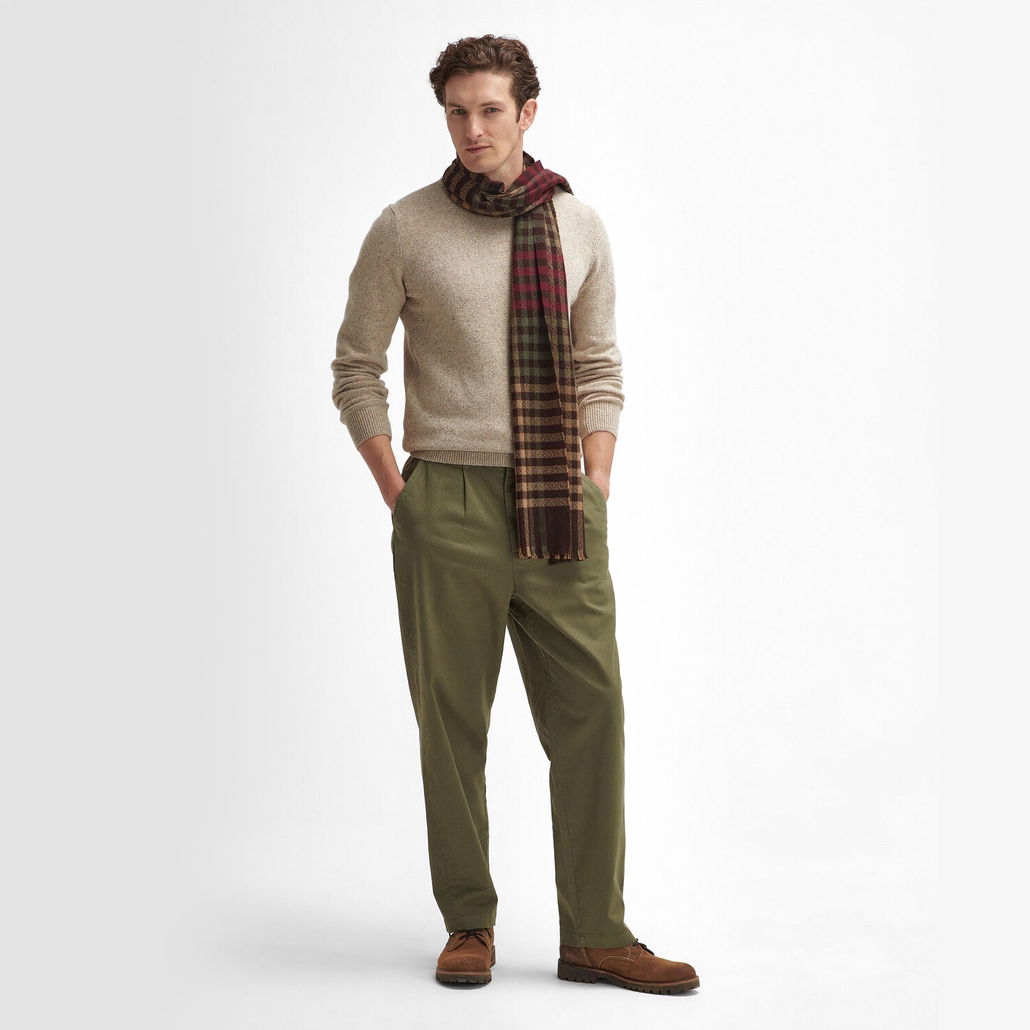 Barbour ASHTON Scarf Unisex Adults Army Green/Port styled on a model, front view, showcasing the gingham design.