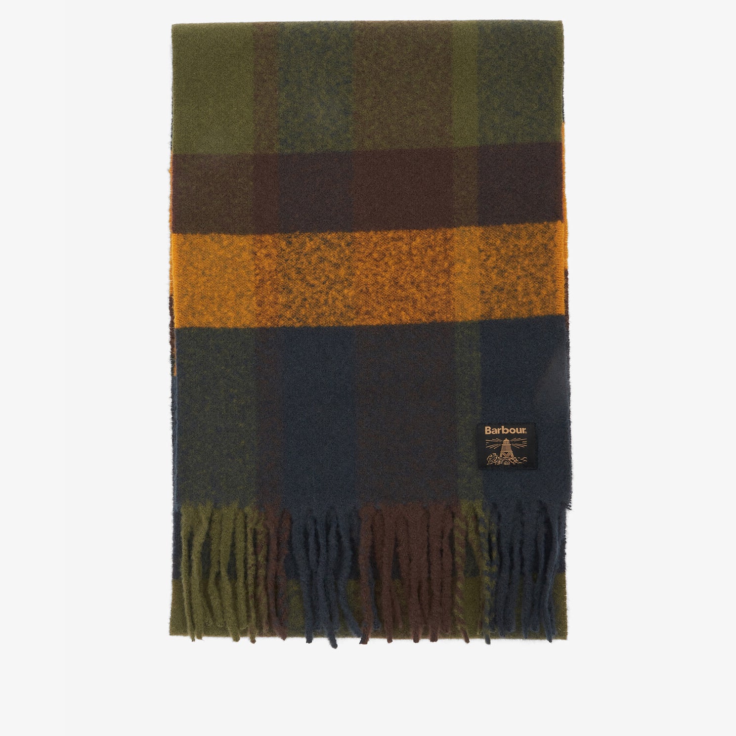 Barbour WESTERDALE Scarf Unisex Adults Classic front view showcasing oversized check design in green and gold.