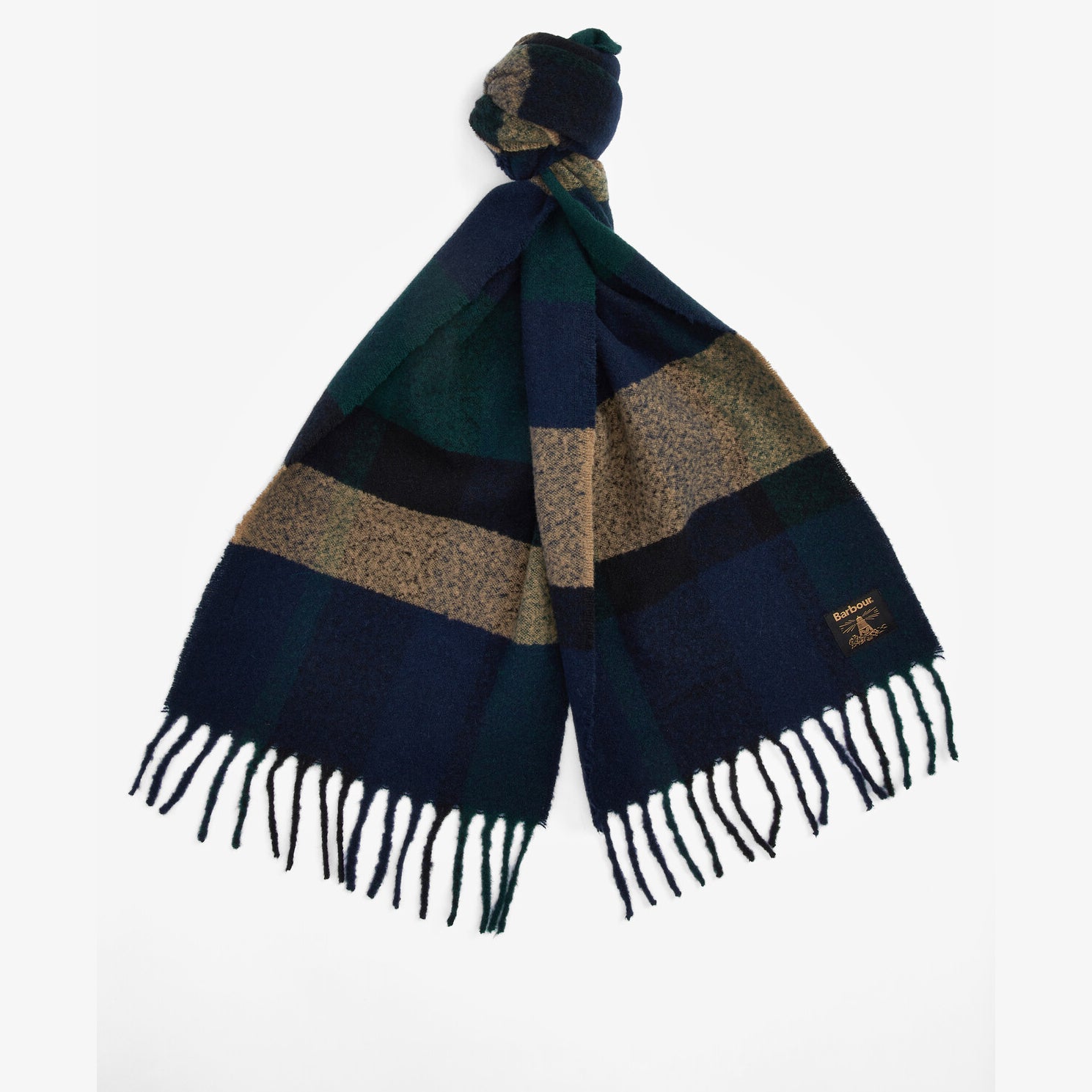 Barbour WESTERDALE Scarf Unisex Adults Green Loch front view, oversized check design with fringes.