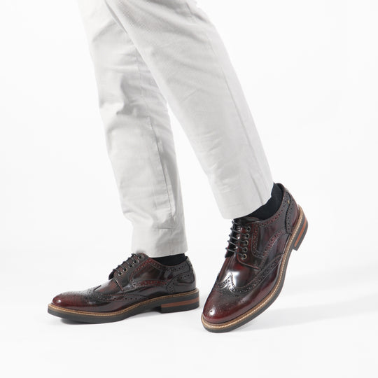 Base London WOBURN Mens Brogue Derby Shoes Oxblood Hi-Shine