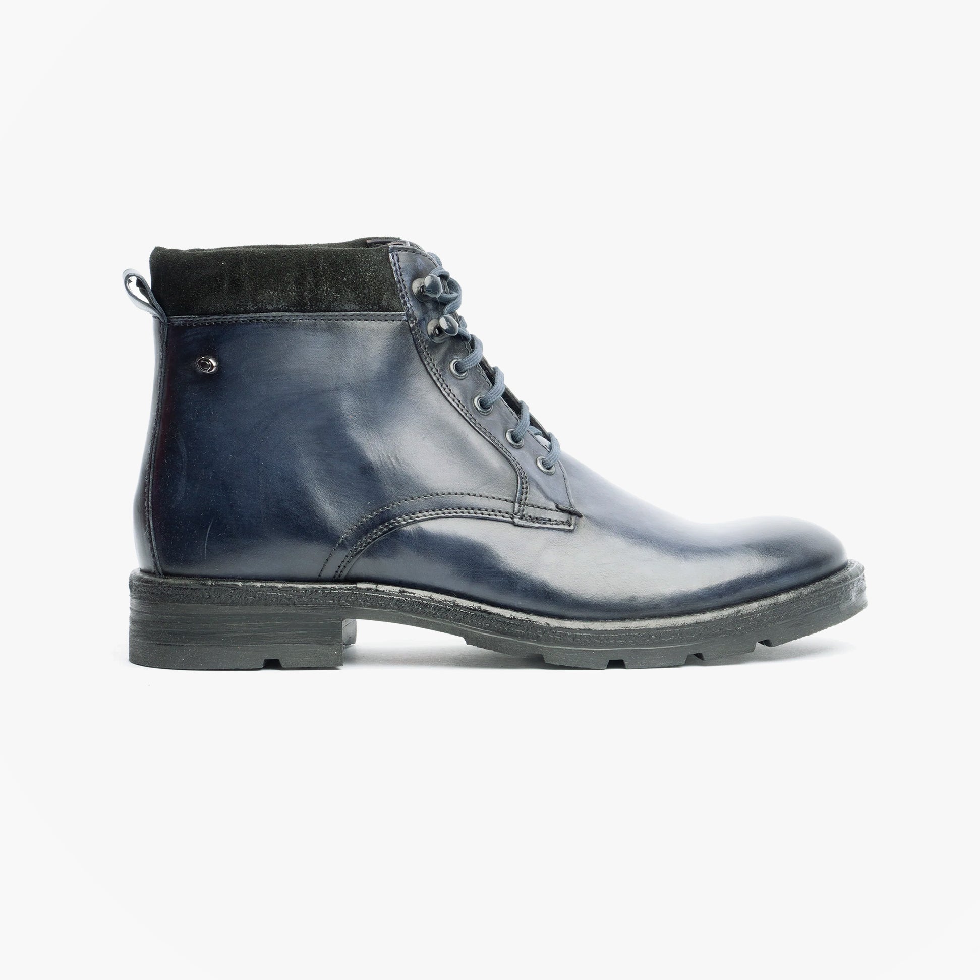 Base London PANZER Mens Casual Boots Blue side view showing leather upper and block heel design.
