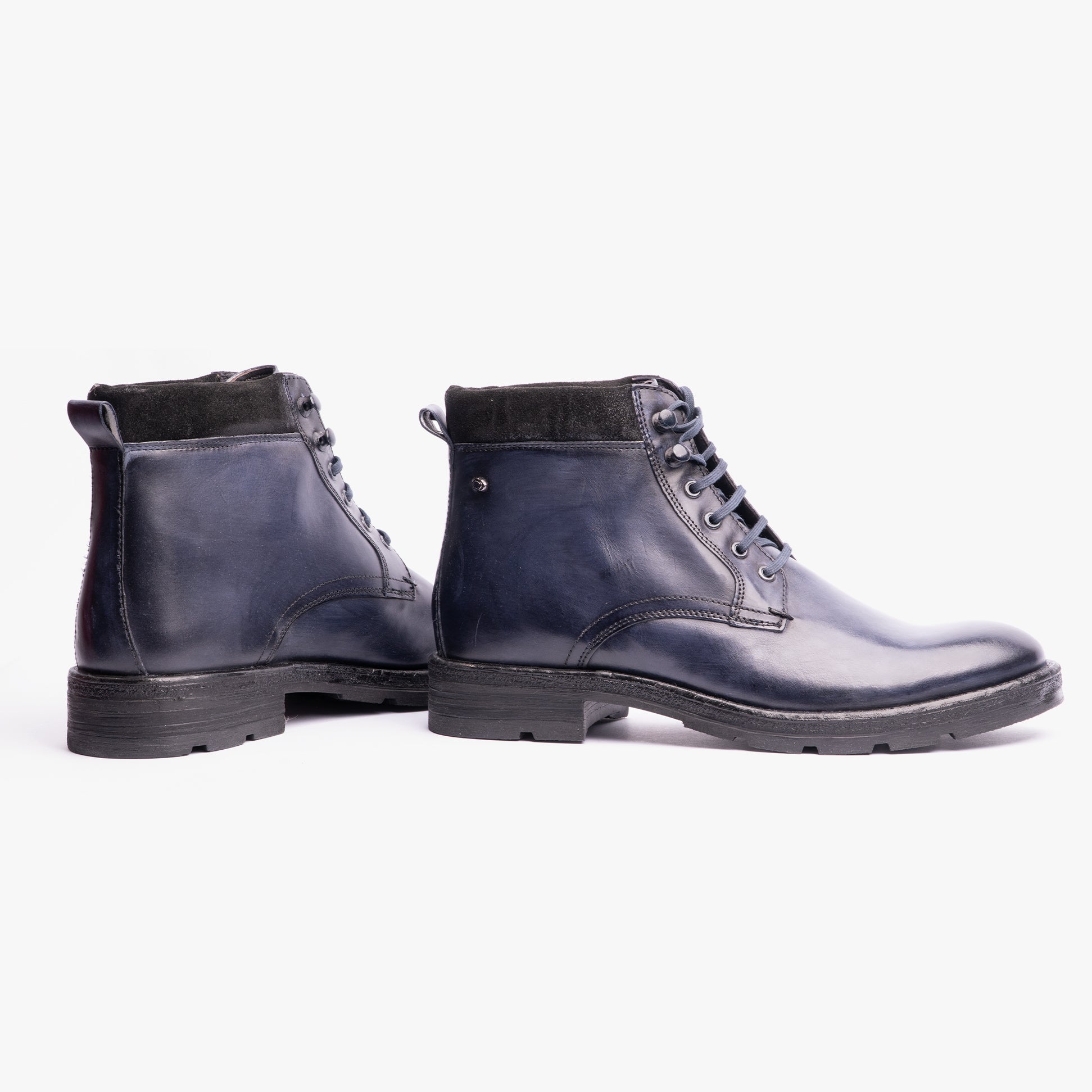 Base London PANZER Mens Casual Boots Blue side view, showcasing leather upper, lace-up closure, and block heel.