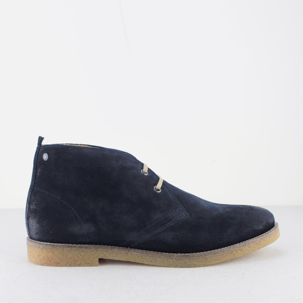 Base London PERRY Mens Burnished Suede Desert Boots Navy side view showing suede upper and lace-up design.