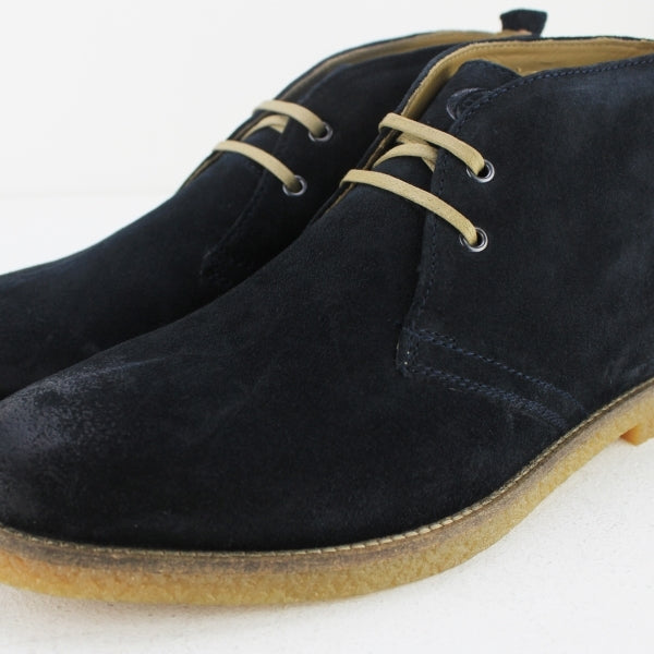 Base London PERRY Mens Burnished Suede Desert Boots Navy side view showcasing lace-up design and suede texture.