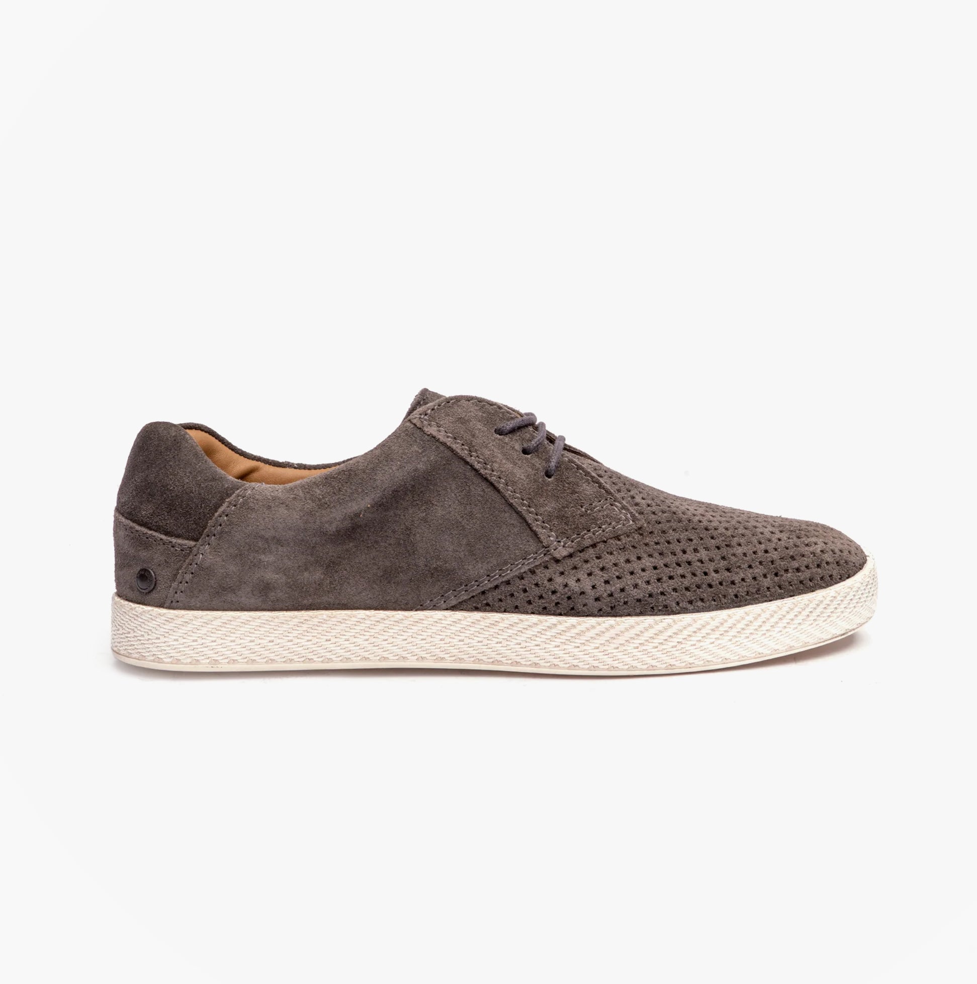 Base London KEEL Mens Perforated Suede Casual Shoes Grey side view showcasing lace-up design and flat sole.