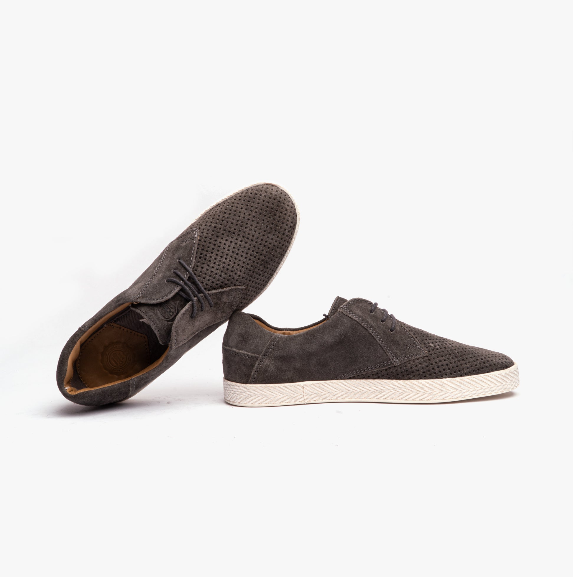 Base London KEEL Mens Perforated Suede Casual Shoes Grey side and top view showcasing suede material and lace-up design.