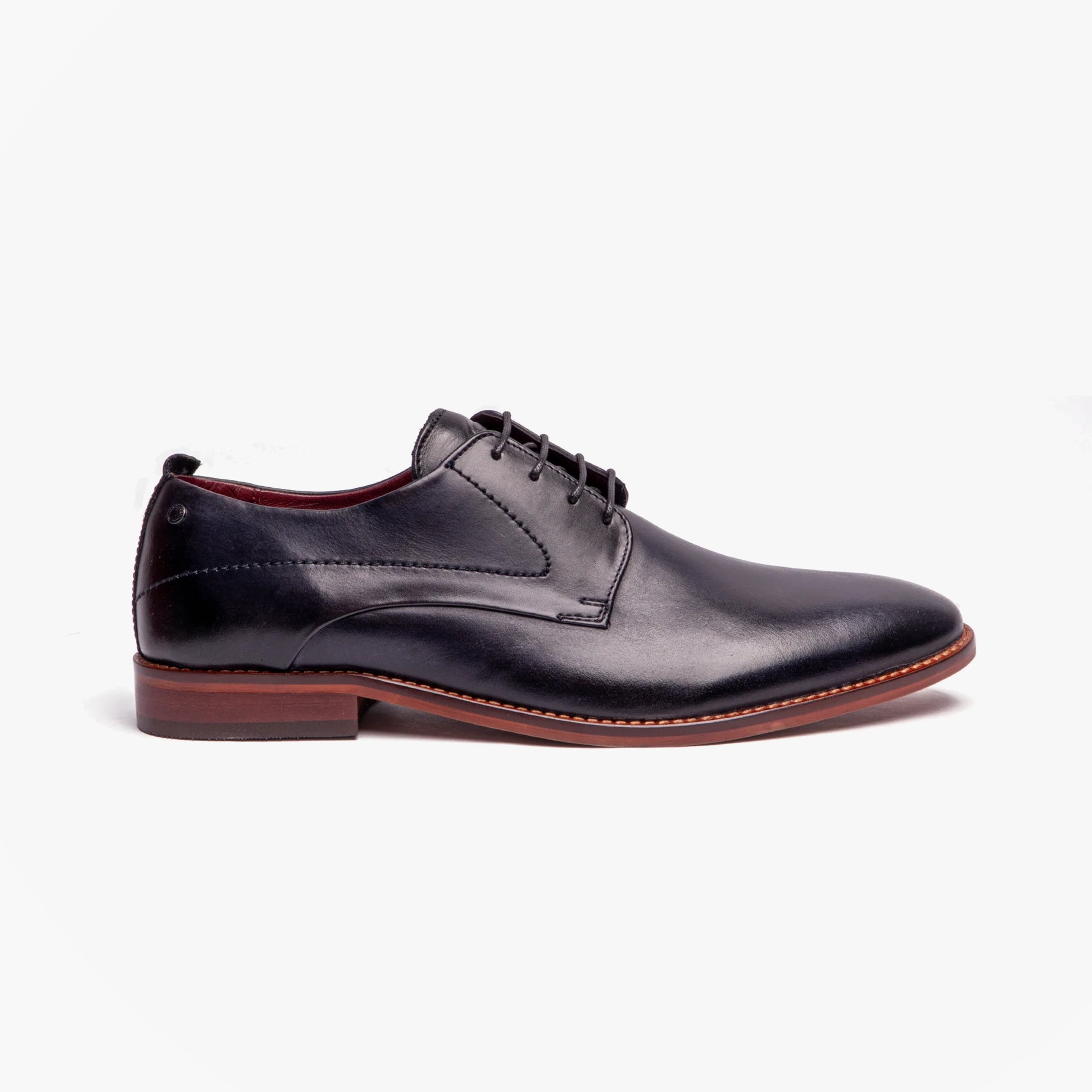 Base London SCRIPT Mens Leather Derby Shoes Navy side view showcasing premium leather and lace-up design.