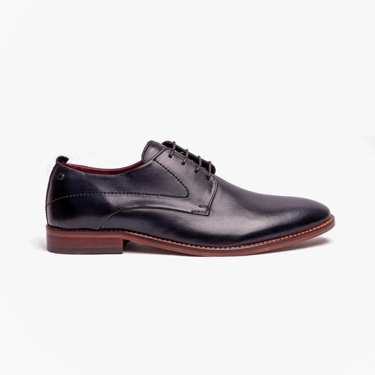 Base London SCRIPT Mens Leather Derby Shoes Navy side view showcasing premium leather and lace-up design.
