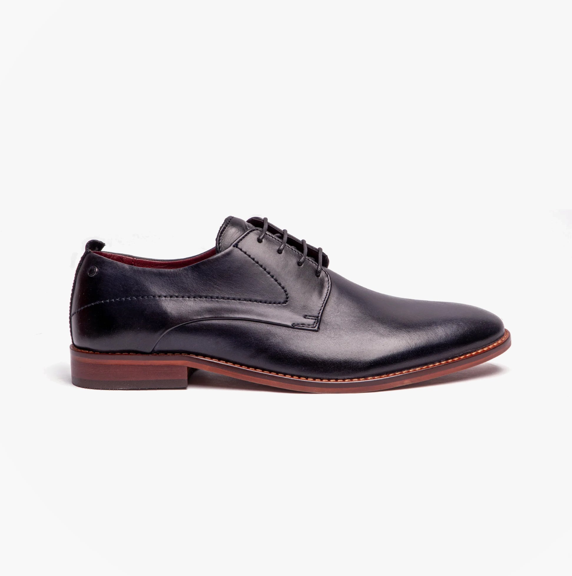 Base London SCRIPT Mens Leather Derby Shoes Navy side view showcasing premium leather and lace-up design.