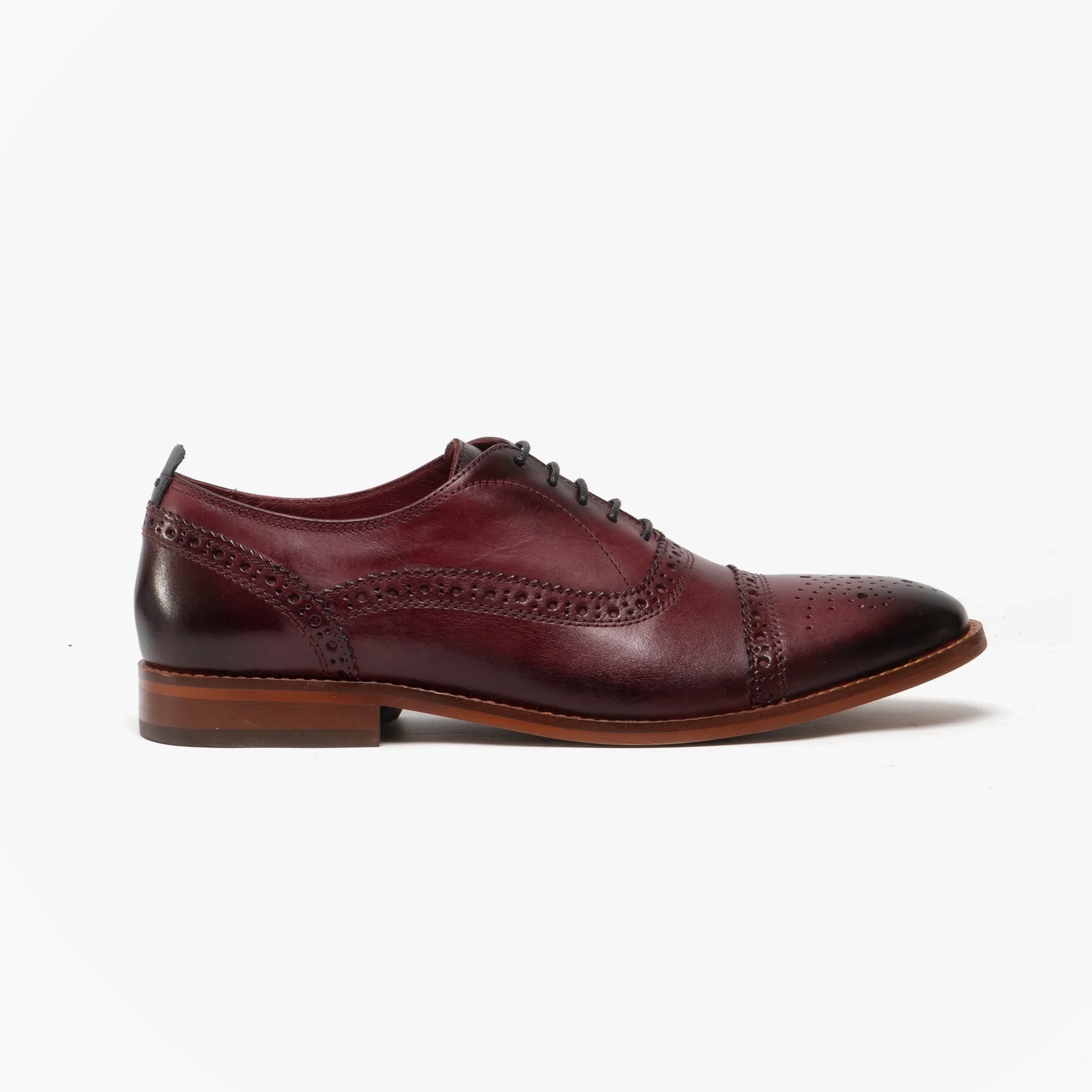 Base London CAST Mens Leather Brogue Shoes Bordo side view featuring burgundy leather and brogue detailing.