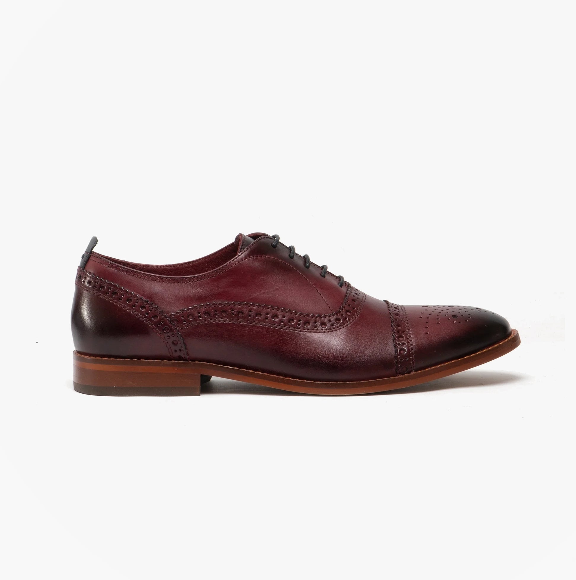 Base London CAST Mens Leather Brogue Shoes Bordo side view featuring burgundy leather and brogue detailing.
