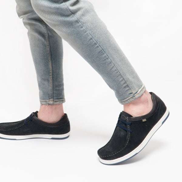 Base London DOUGIE Mens Shoes Navy side view worn with light jeans, showcasing comfort and style.