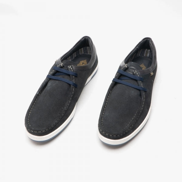 Base London DOUGIE Mens Shoes Navy top view, moccasin style, leather upper, lace-up closure, round toe, flat heel.