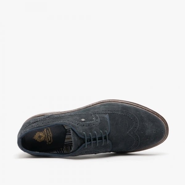 Base London ONYX Mens Brogues Shoes Navy top view of suede derby shoe with lace-up closure and round toe.