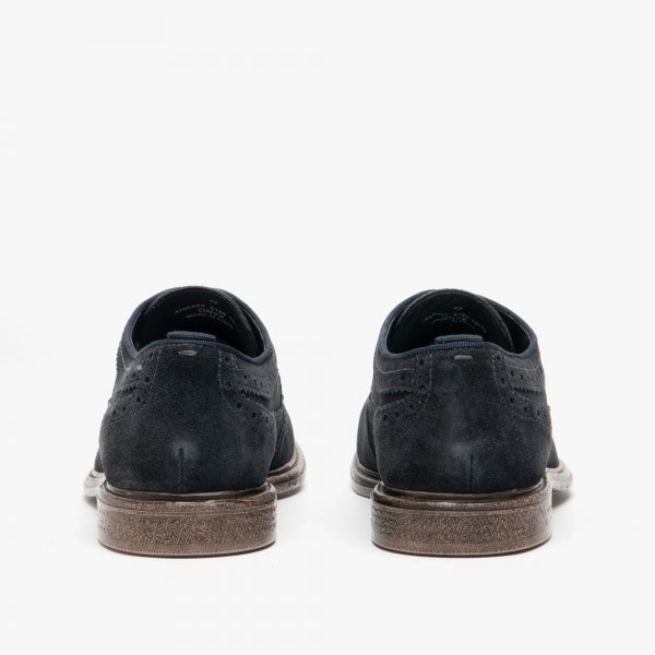 Base London ONYX Mens Brogues Shoes Navy back view of suede derby shoes with lace-up design and flat heel.