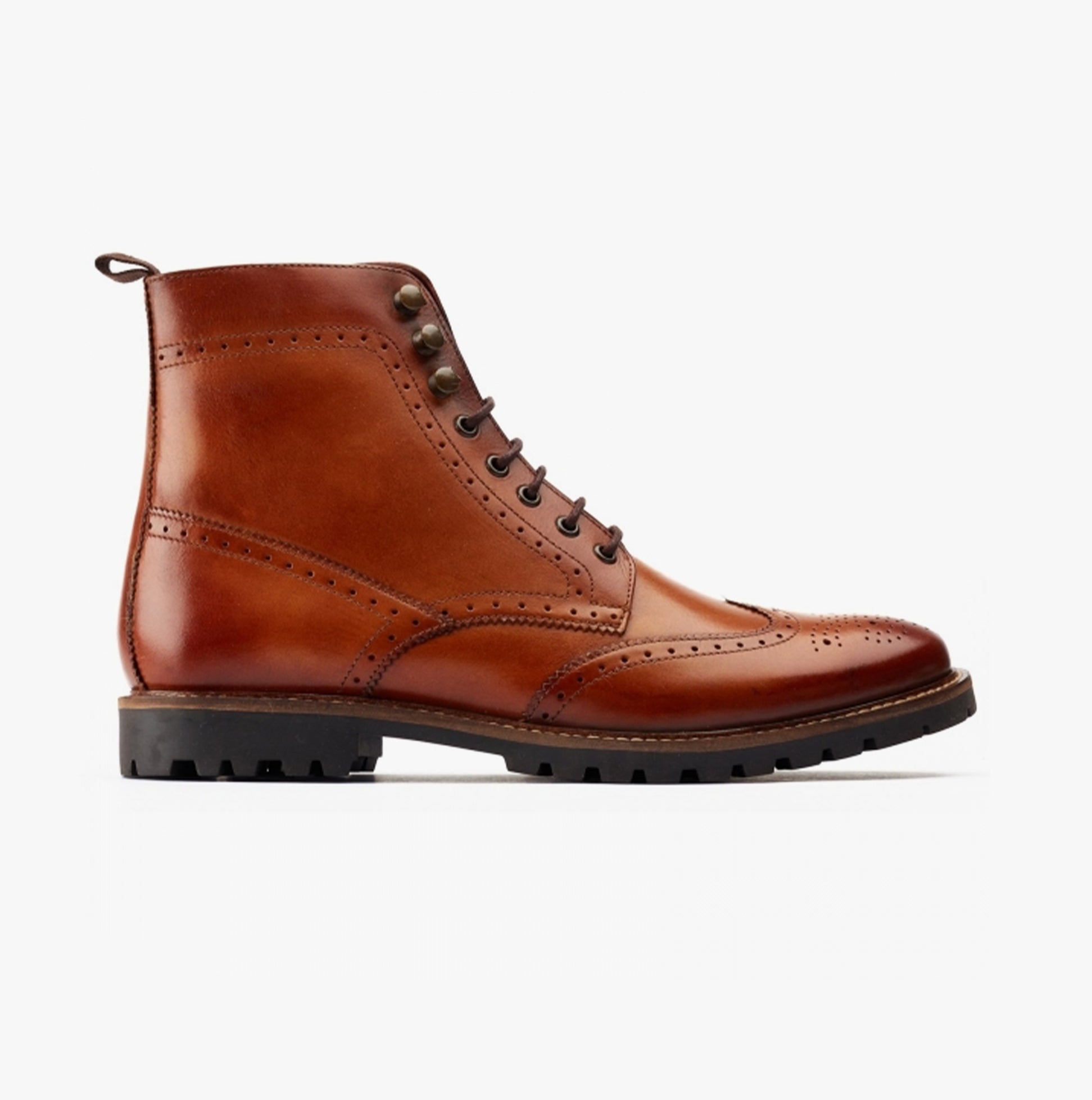 Base London BOONE Mens Leather Oxford Brogue Boots Tan side view showing detailed brogue design and lace-up closure.