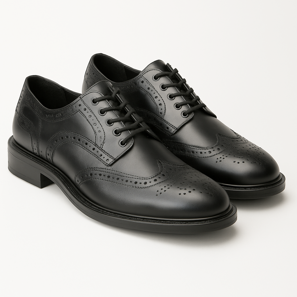 Base London BRYCE Mens Leather Brogue Shoes Black, side view showcasing detailed brogue design and lace-up closure.