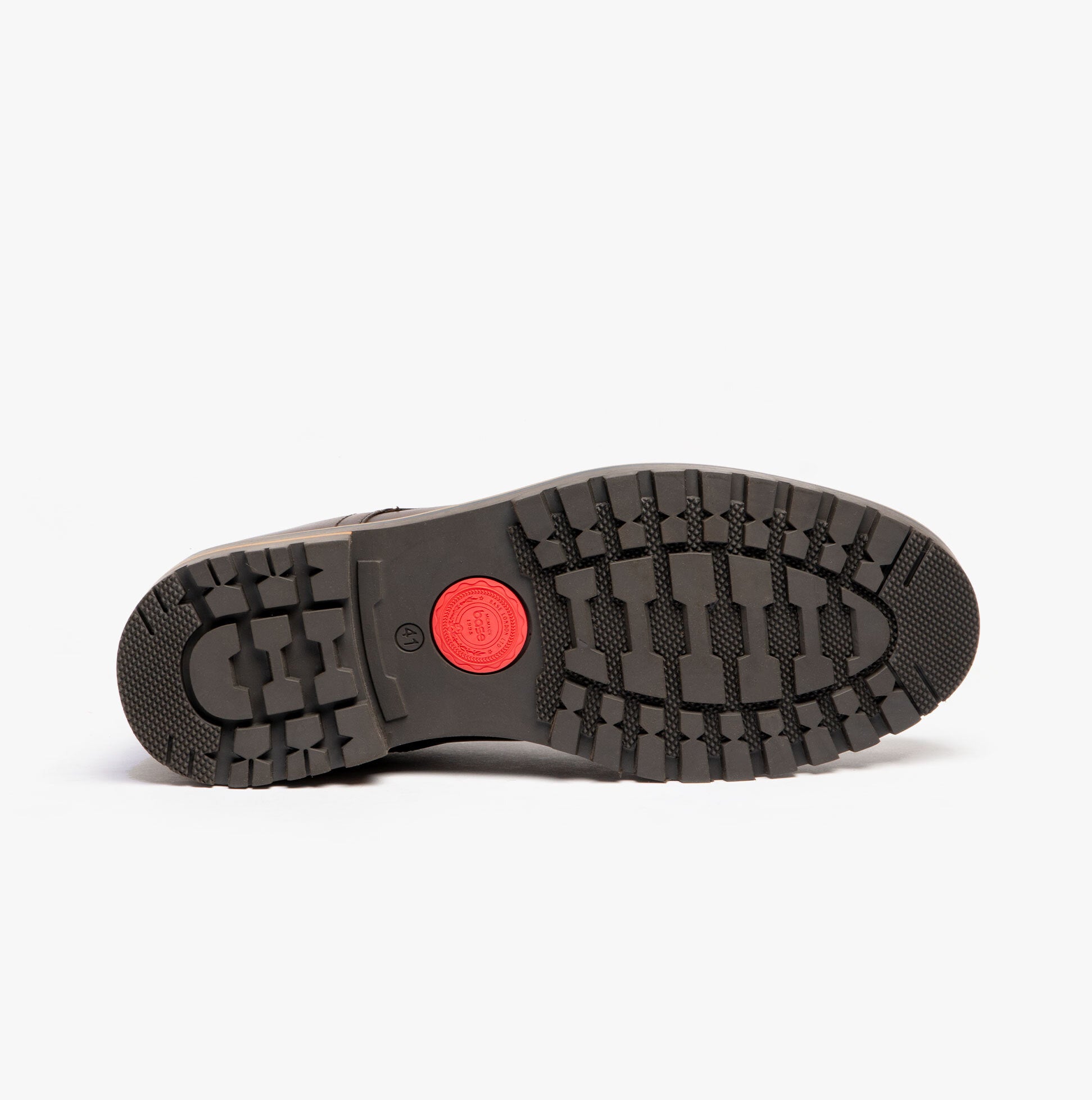 Base London HALSEY WASHED Mens Formal Lace Up Shoes Dark Brown bottom view showcasing TPR sole with red detail.