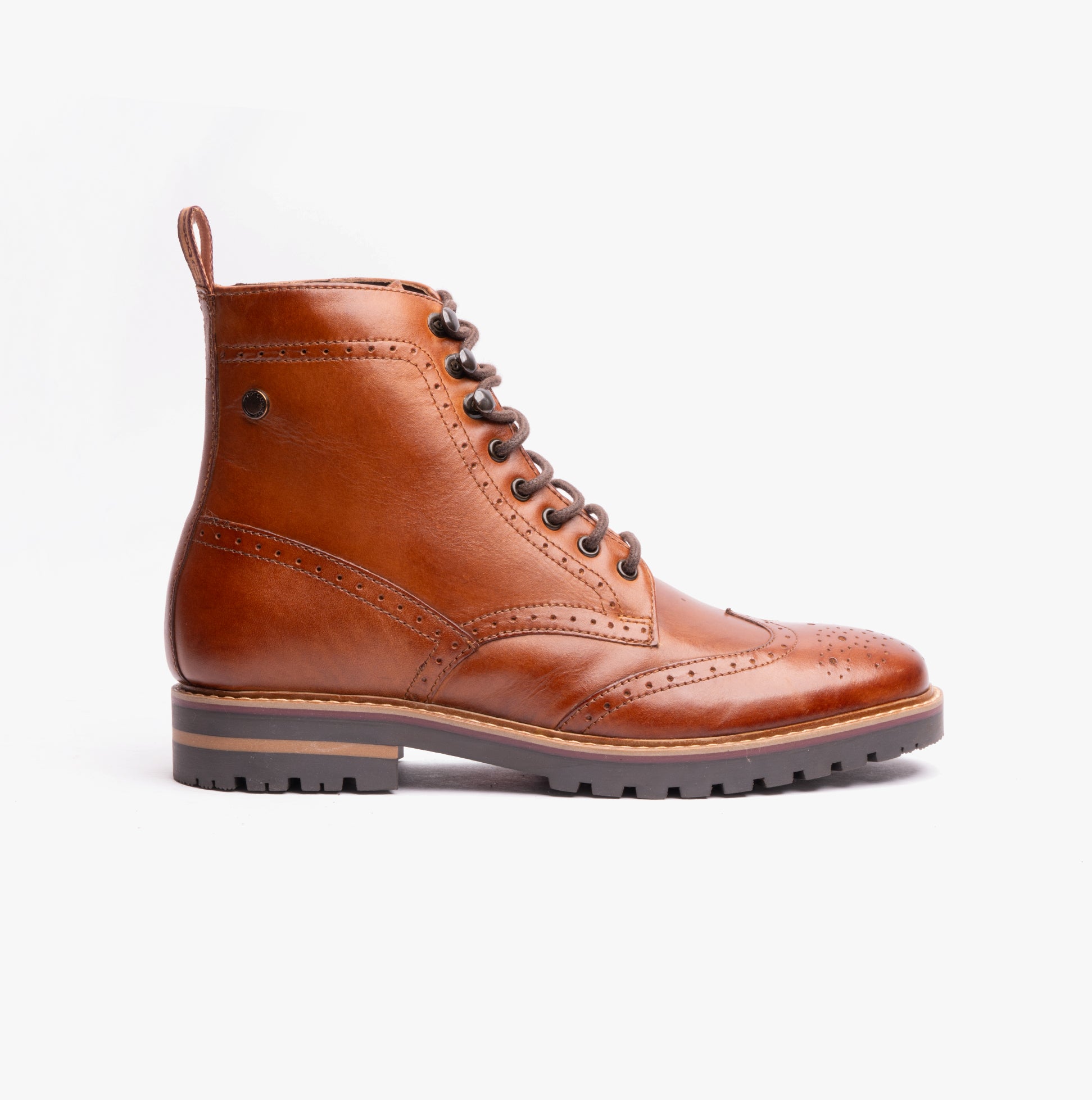 Base London GROVE WASHED Mens Boots Burnt Tan side view, casual ankle boots in burnt tan leather with lace-up closure.